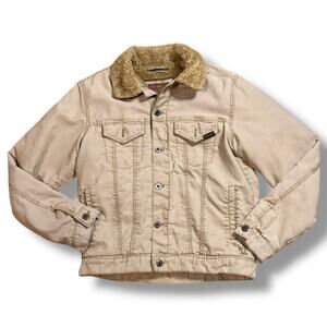 Vintage American Eagle Trucker Jacket Mens Tan Sherpa lined Y2K DISTRESSED Sz M